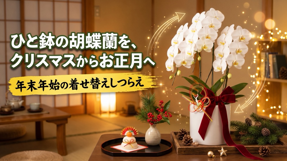 クリスマスとお正月の飾りを添えた白い胡蝶蘭